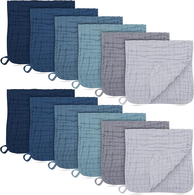 12 Pack Muslin Burp Cloths - Large 20" x 10", Ultra Absorbent 100% Cotton for Baby Drool and Messes - Soft, Gentle Baby Burp Rag for Boys & Girls -Slate, Grey, Navy Series