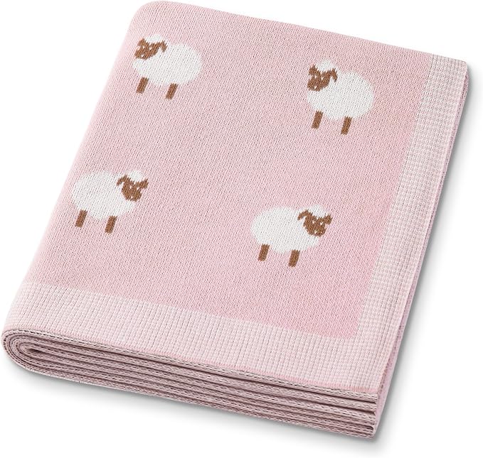 Organic Cotton Baby Blanket - Soft Luxury Knit Receiving Blanket for Newborns & Toddlers, Cozy Breathable Stroller Blanket with Pattern, Unisex, 30x40Inch（Sheep-Pink）