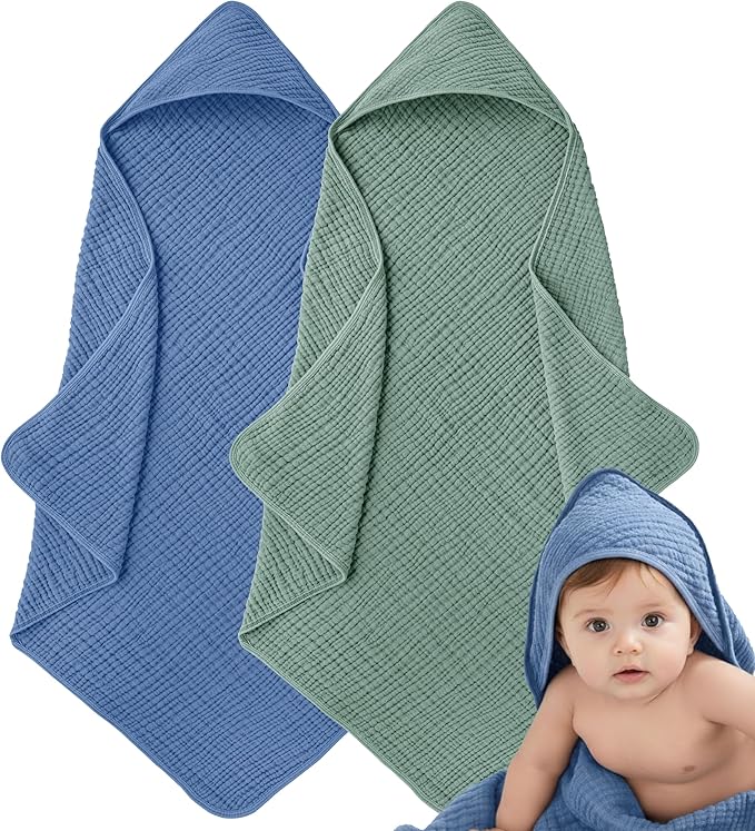 Muslin Hooded Baby Towels for Newborns, 32"x32", 100% Cotton ??6 Layers Super Soft Absorbent Breathable, Baby Bath Towel, Toddler Bath Towel ??Pack of 2