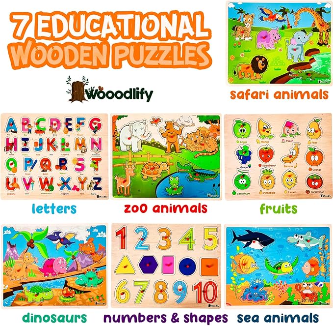 7 Pack Wooden Puzzles for Toddlers 2 3 4 5 Years Old - 7 Colorful Chunky Wood Peg Puzzles for Kids Ages 2-5, Alphabet Shape Numbers Fruits Sea Animals Dinosaur Zoo - Educational Toddler Learning Toys