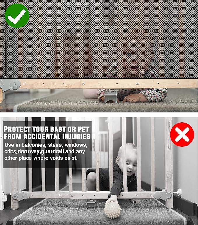 Baby Gate for Stairs, Banister Guard for Kids, Pets, Toys, 21.6ft L x 2.66 ft H, Mesh Netting Safety Net for Balcony Rail Stair, Stairway Net Baby Safety Products for Indoor & Outdoor (Black)