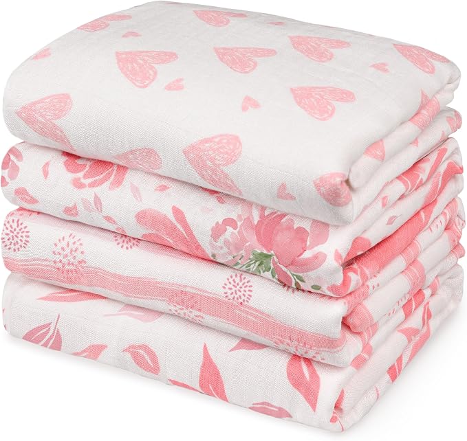 GLLQUEN BABY Muslin Swaddle Blankets 4-Pack Breathable Receiving Blankets (35" x 40") Soft Baby Blankets for Girls and Boys Newborn Essentials Muslin Burp Cloths Swaddle Wrap Baby Gift (Flower)