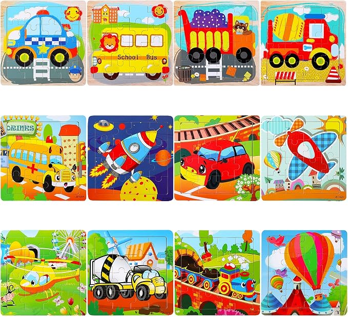 SANNIX 12 Pack Wooden Jigsaw Puzzles for Toddlers 3 4 5 Years Old, Party Favors Transportation Jigsaw for Kids, Educational Puzzles Travel Toy with 12 Organize Bags