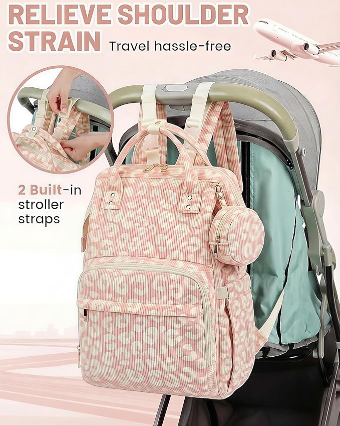 Corduroy Diaper Bag Backpack, Large Capacity Multifunction Baby Diaper Bags for Women, Insulated Bottle Pockets & Pacifier Case, Stylish Travel Nappy Changing Bags for Mom Dad (Leopard Pink)