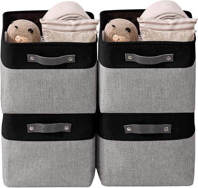 DECOMOMO Storage Baskets for Shelves - Fabric Storage Bins, Linen Closet Organizers and Storage (Grey & Black, Large - 4 Pack)