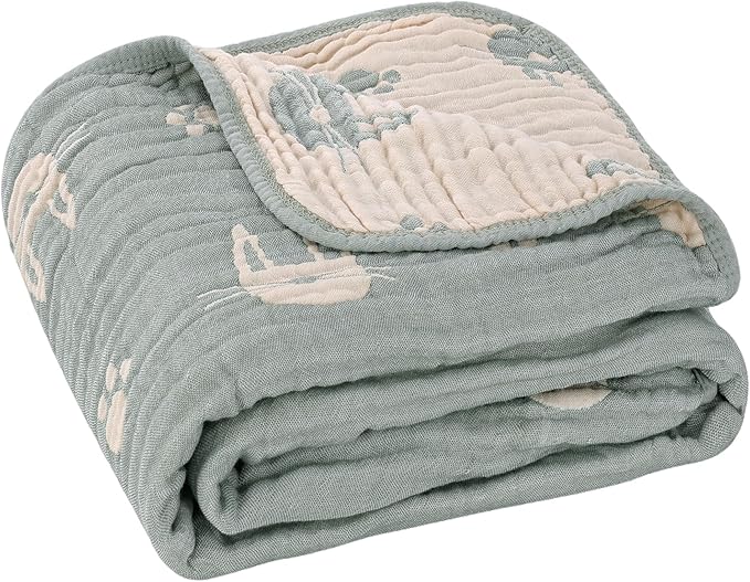 6-Layer Muslin Baby Blanket Made with Organic Cotton - Cute Bunny Rabbit Jacquard Swaddle & Crib Quilt, 43”x 43”,Sage Green Bunny