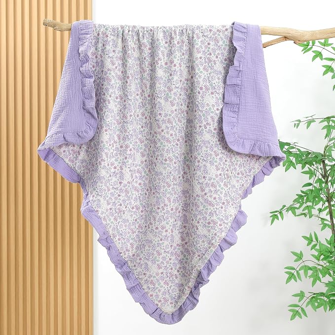 Muslin Toddler Blanket 43"x43" - 100% Cotton Super Soft Crib Blanket for Baby, Infant, Toddler & Baby Girl,Lightweight Nursing Cover & Breathable Stroller Blanket,Floral Design (Purple)