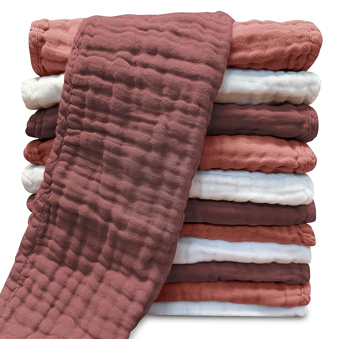 Muslin Burp Cloths for Baby 100% Cotton Burping Cloths for Unisex, Boy, Girl - Large 20'' by 10'' Newborn Essentials Ultra Soft Absorbent Milk Spit Up Rags - 12 Pack - White+Deep Bean Paste Series