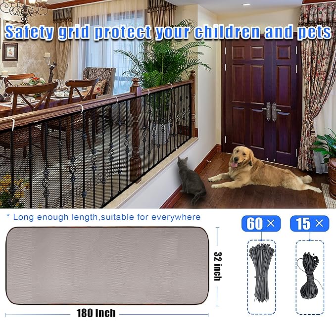 Baby Gate for Stairs, Banister Guard for Kids, Pets, Toys, 15ft L x 2.66 ft H, Mesh Netting Safety Net for Balcony Rail Stair, Stairway Net Baby Safety Products for Indoor & Outdoor (Brown)
