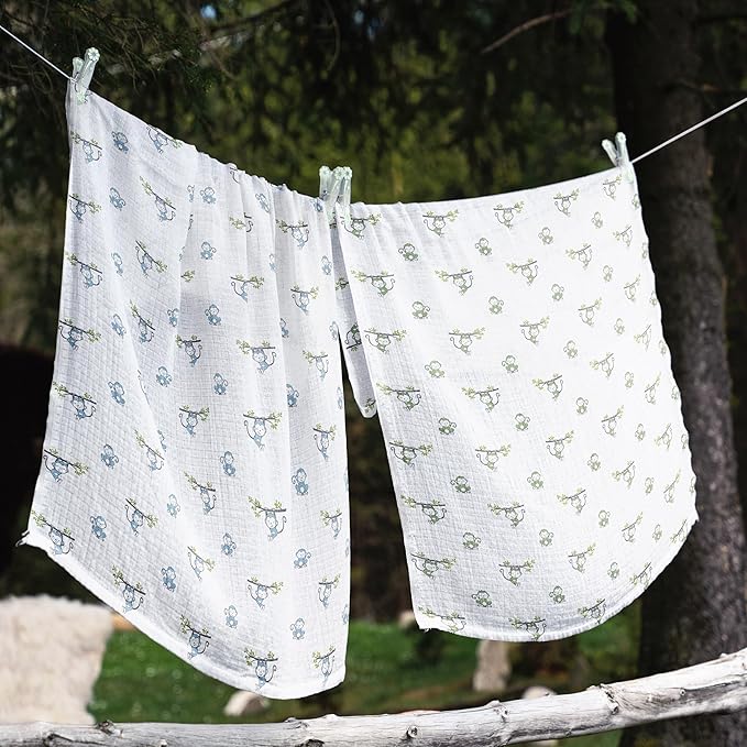 Bacati - Happy Monkeys Muslin Swaddling Blankets Set of 4 (Boys- Blue/Green/Grey/Biege)