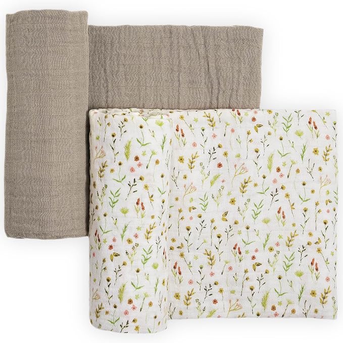 Little Unicorn 100% Natural Organic Cotton Muslin Swaddle Blanket 2 Pack | Giftable Set of 2 swaddles (Floral Field)