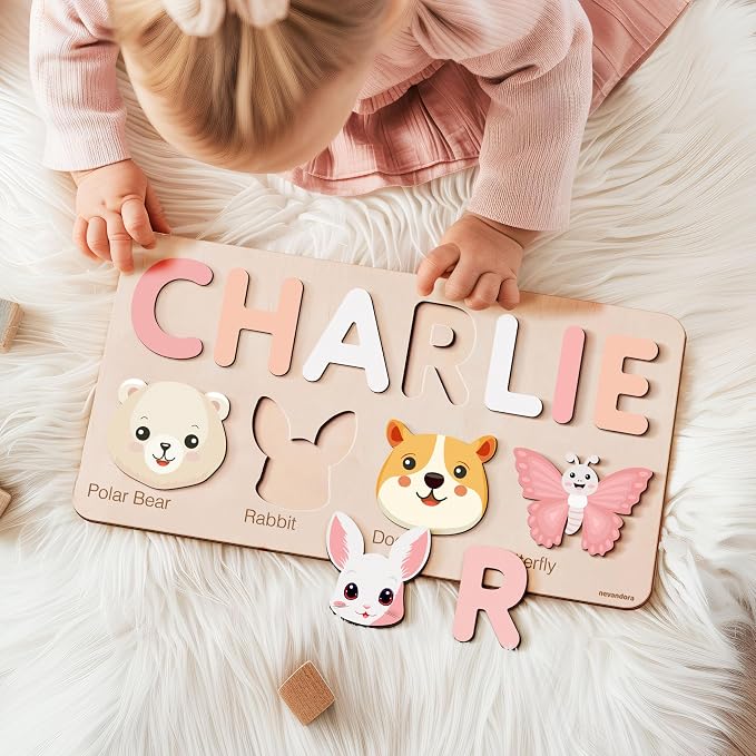 Personalized Animal Name Puzzle for Baby Boys & Girls, Handmade Wooden Toy, Custom Baby Gift, First Christmas or Birthday Present, 1 Year Old Gifts