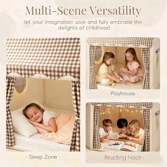 Kids Play Tent Indoor Outdoor Playhouse with Star Lights, Bunting Flags, Washable, Portable Carry Bag, Lattice Top, 47.2" x 39.3" x 52.2", Birthday Gift for Boys Girls