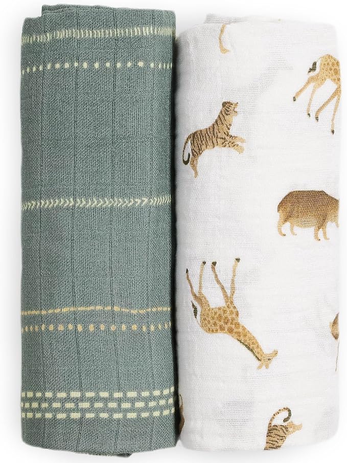 Little Unicorn 100% Certified Natural Organic Cotton Muslin Swaddle Blanket 2 Pack | Giftable Set of 2 swaddles (Animal Crackers)