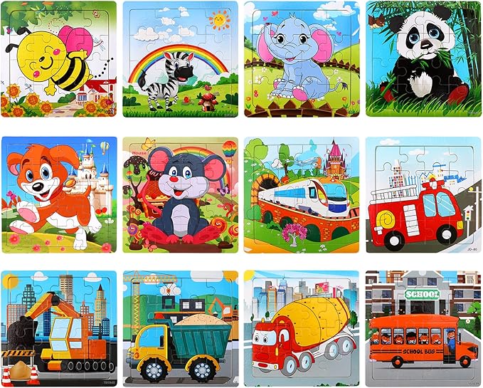 SANNIX 12 Pack Wooden Jigsaw Puzzles for Toddlers 3 4 5 Years Old, Party Favors Animals Jigsaw for Kids, Transportation Educational Puzzles Travel Toy with 12 Organize Bags