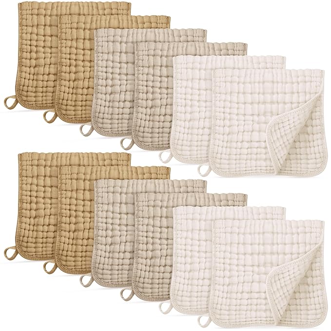 Unnivoll Muslin Burp Cloths for Baby 100% Cotton Burping Cloths for Boys Girls Large 20''X10'' Extra Soft and Absorbent 12 Pack - Gradient Khaki