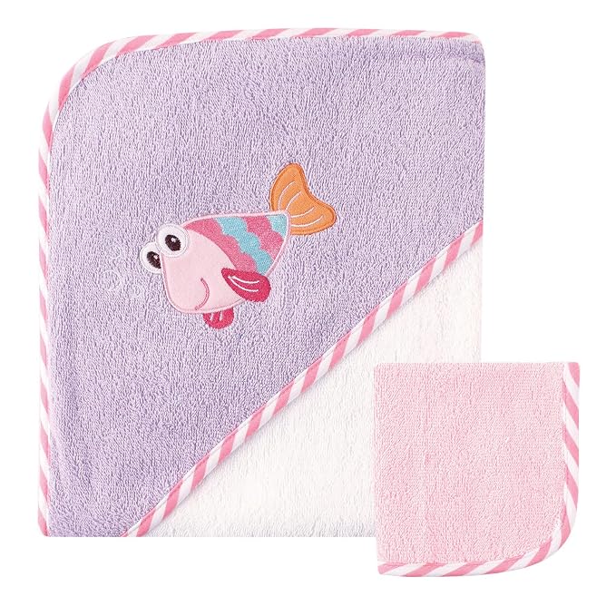 Luvable Friends Unisex Baby Cotton Hooded Towel and Washcloth, Fish, One Size