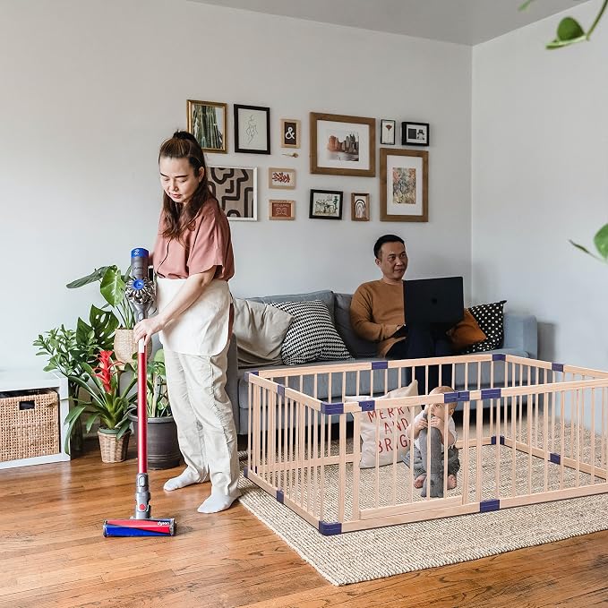 Baby Playpen,Wooden Playpen,Large Wood Adjustable Play Fence,Kid’s Play Space,Wood Baby Playard, Indoor Outdoor Blue Play are with Gate for Infants, Toddlers