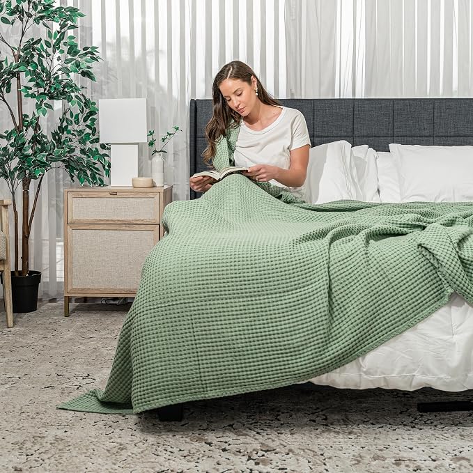 Comfy Cubs Waffle Blanket Queen, 90" x 90" - 100% Cotton Lightweight Breathable Bed Blanket - Soft Textured Thermal Weave for All Seasons – Decorative Cozy Layer for Couch, Sofa, or Bed - Sage