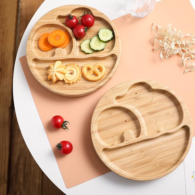Suction Plates for Baby & Toddler, Bamboo Divided Platter Feeding Dishes with Silicone Fork& Spoon, All-Natural Baby Food Plate Stays for Baby-Led Weaning, Non-Slip Design