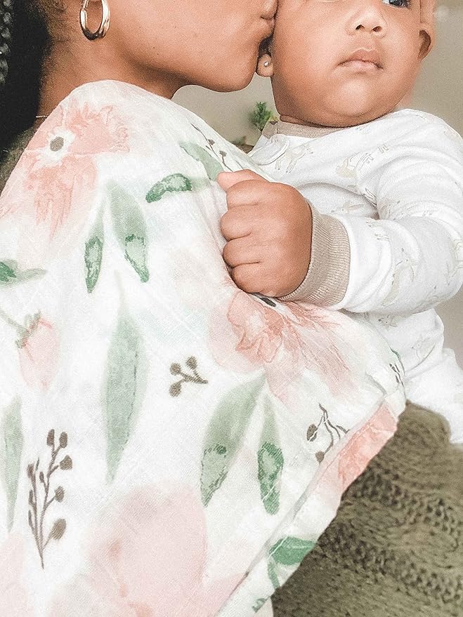 Crane Baby 100% Cotton Muslin Swaddle Blankets, Parker Pink Floral, Baby Swaddle Blanket, Set of 2, 47" x 47", Swaddles for Newborns, Baby Muslin Swaddle Blanket, Swaddle Blankets for Boys & Girls