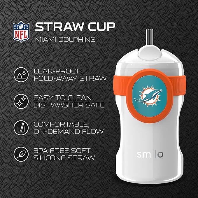 Smilo Straw Cup - Miami Dolphins Officially Licensed NFL Sippy Cup - Baby and Toddler Cup with Weighted Silicone Straw and 8.5 oz Capacity - BPA-Free