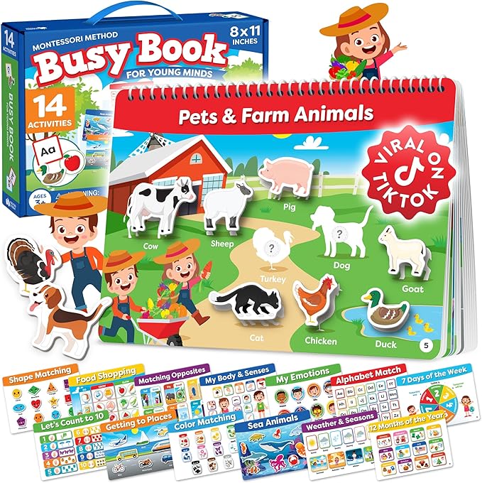 Montessori Preschool Busy Book For Toddlers Ages 3 And Up - Preassembled - Preschool Learning Activities Montessori Educational Toys - Gifts For 3 Year Old Boys, Toddler Learning Toys Activities