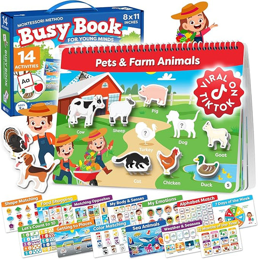 Montessori Preschool Busy Book For Toddlers Ages 3 And Up - Preassembled - Preschool Learning Activities Montessori Educational Toys - Gifts For 3 Year Old Boys, Toddler Learning Toys Activities