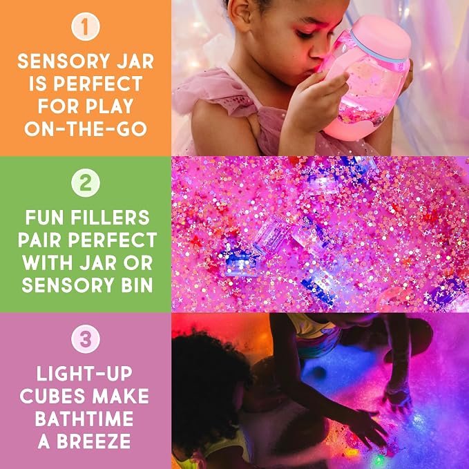 Glo Pals Water Activated Light-Up Sesame Street Sensory Bath Toy Play Jar, 4 Reusable Cubes and Fun Fillers for Bathtime and Sensory Play, Perfect for Kids and Toddlers, Abby Cadabby