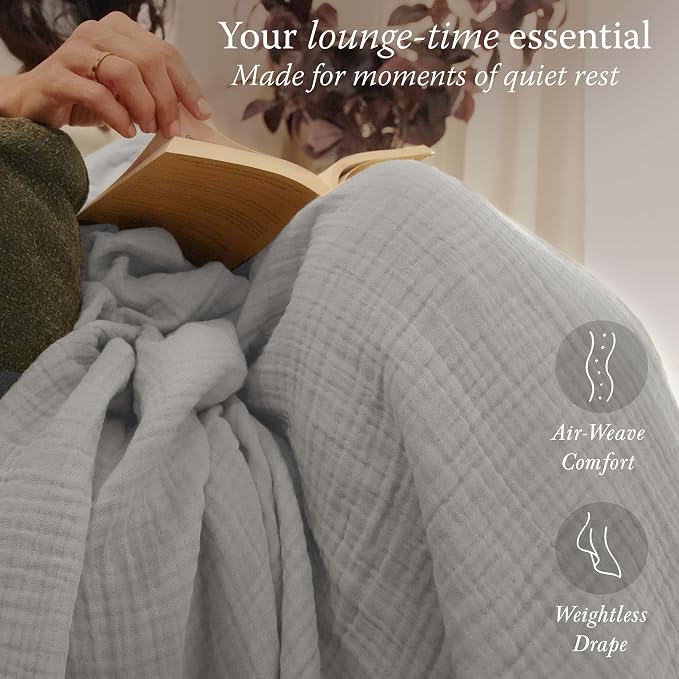 Threadmill Queen size blanket| 4 Layer Cotton Gauze Blankets | Pre Washed, Lightweight, Breathable, and Cozy for All Seasons | Versatile Muslin Blanket for Couch, Bed, or Outdoor Picnic Use|Light Grey
