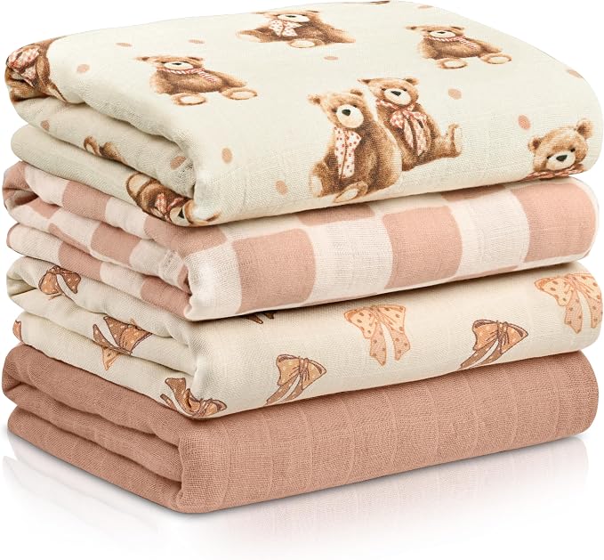 4-Pack Muslin Swaddle Blankets for Newborns | 100% Cotton Breathable Soft Muslin, Large 31.5"x43.3" | Multi-Use Stroller Sunshade Nursing Cover & Receiving Blanket, Bear Checkered