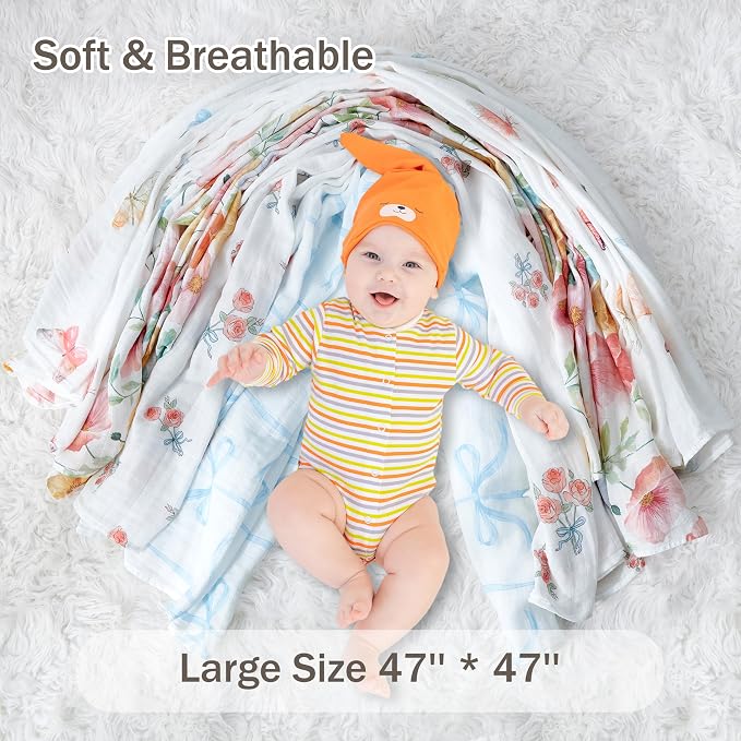 2-Pack Muslin Swaddle Blankets 47x47-100% Cotton Breathable Receiving Blankets for Newborn Baby, Soft Swaddling Wraps, Sunny Flutter & Bloom