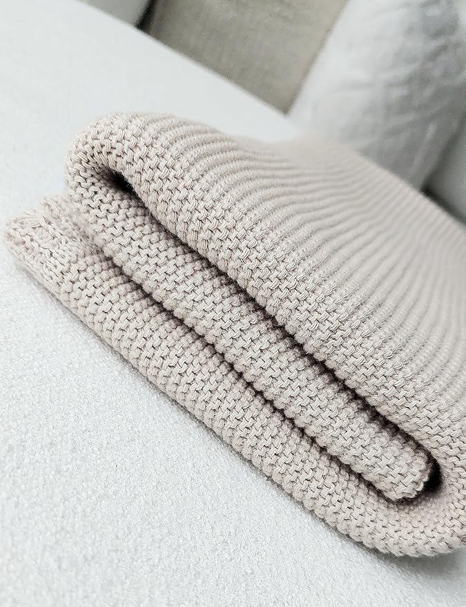 100% Cotton Knit Baby Blanket, Baby Knits, 100cm×60cm, Elegant and Nuetral Very Soft Cotton Blanket, 0-12 Months Baby, Oat.