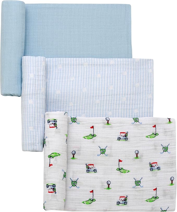 3 Pack Cotton Muslin Swaddle Blankets for Baby, 40" x 36", Lightweight, Breathable, Blue, (Golf Print, Stripe, Solid)