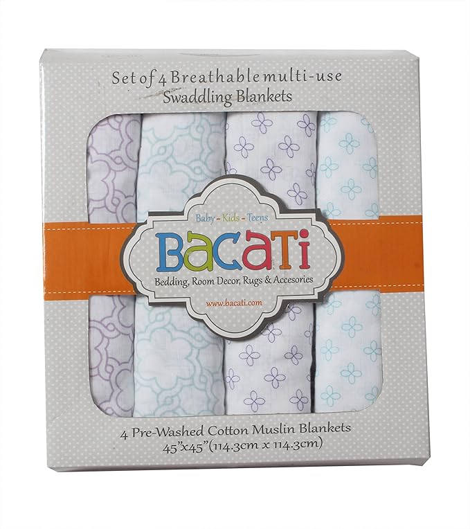Bacati - 4 Pack Baby Blanket Swaddle Wrap Soft Breathable Cotton Muslin Swaddle Blankets Receiving Blanket for Girls, Large 45 x 45 inches (Petals/Floral Lilac/Aqua)