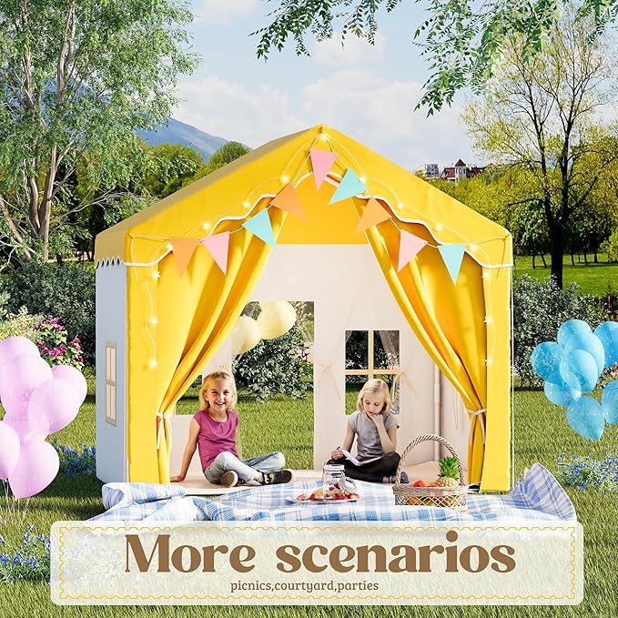 Kids Tent,Indoor & Outdoor Kid Playhouse 2 in 1 with Lights and Mat,54" x36.5" x 51" Large Play Tents with 2 Doors & 5 Windows,Yellow
