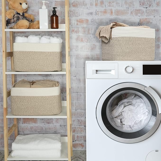 Cotton Rope storage Basket Bins Woven Basket for Organizing Shelves 15X10X9.3" Rectangle Decorative Baskets For storage Clothes Toys Books Towels Nursery basket organizer 3 pack white and brown