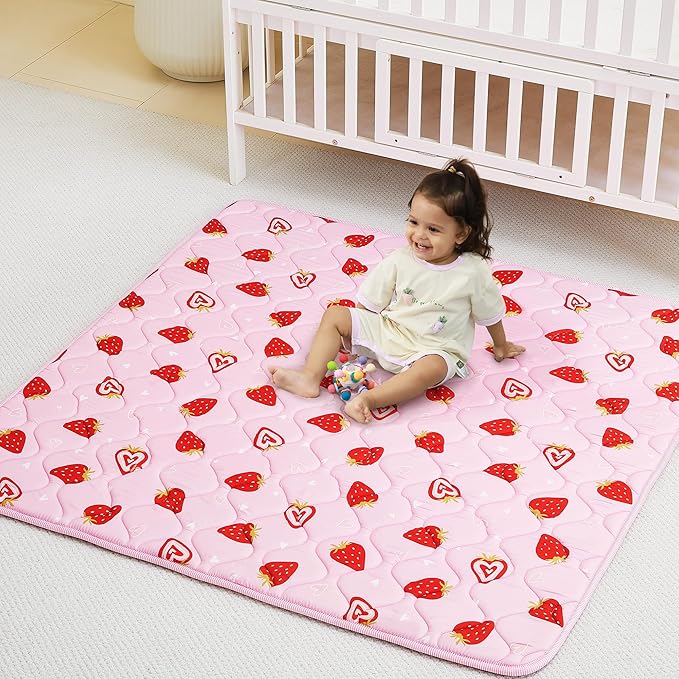 Viviland Baby Play Mats for Floor, Thicken Cushioning Padding Foam Playmate for Baby and Toddlers Infants, 71" x 59" Playpen Mat, Non-Slip & Machine Washable - Pink Strawberry