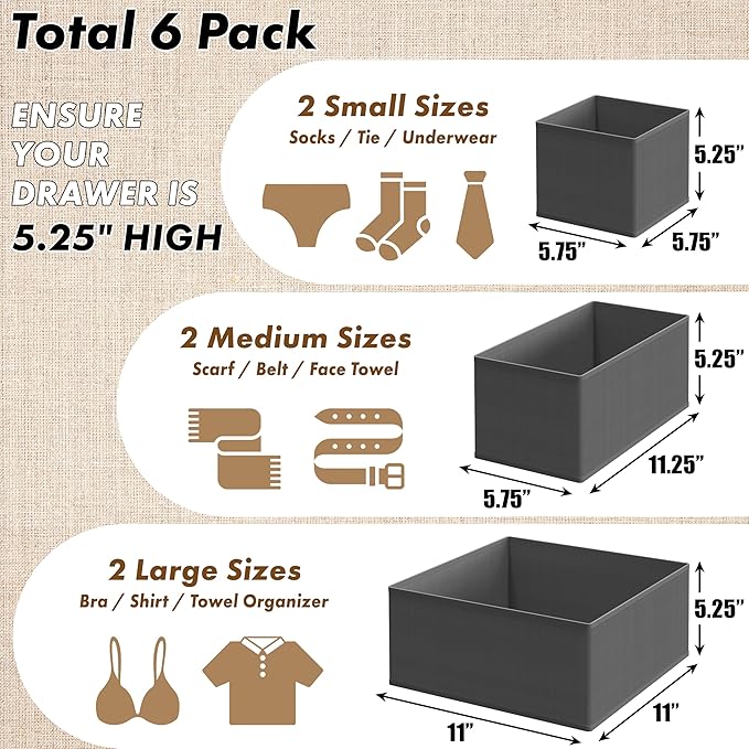 Simple Houseware Underwear Drawer Organizer for Lingerie/Undergarment/Bra/Panty/Sock/Onesie, Set of 6, Dark Gray