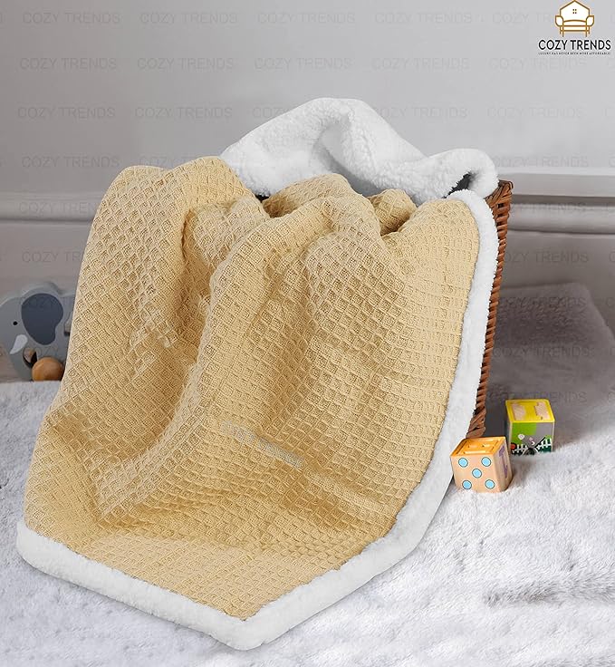 Luxurious Cotton Unisex Baby Boy Girl Blanket Waffle Weave with Sherpa Backing Soft Cozy 30''x40'' Receiving Crib Stroller Nap Blanket (Beige)