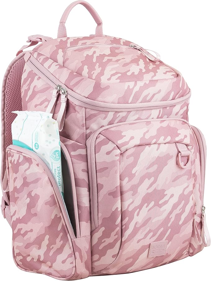 BODHI Baby Tech Top Loader Diaper Bag Backpack with removable changing pad, Unisex, for Moms and Dads - Pink Camo
