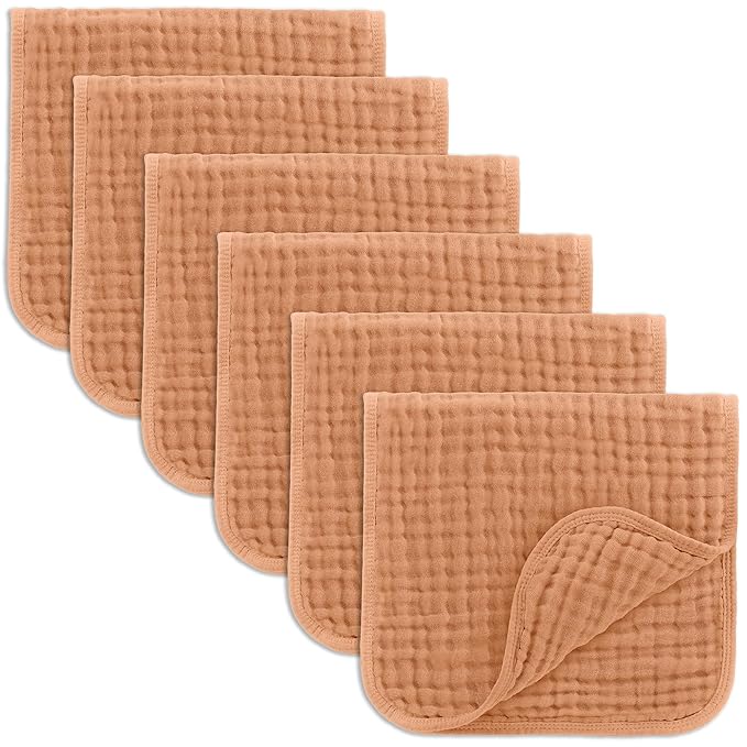Comfy Cubs Muslin Burp Cloths 20" x 10", Pack of 6 - Large, 6-Layer, Ultra Absorbent 100% Cotton for Baby Drool and Messes - Soft, Safe & Gentle Baby Burp Cloths Set for Boys & Girls - Caramel
