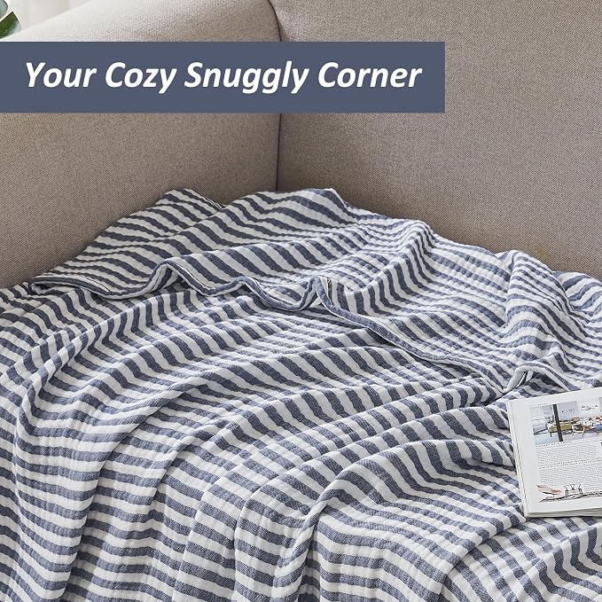 EMME Cotton Muslin King Blanket Bed Layering Bedspread Coverlet Breathable Gauze Soft Lightweight (Striped Navy, 108"x90")