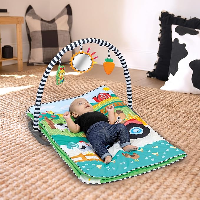 Baby Einstein Busy Barnyard Grow with Me Baby Play Gym - Extra Large Soft Play Mat with 8 Removable Toys Including 30+ Songs & Sounds to Support Motor Skills, Ages 0+ Months