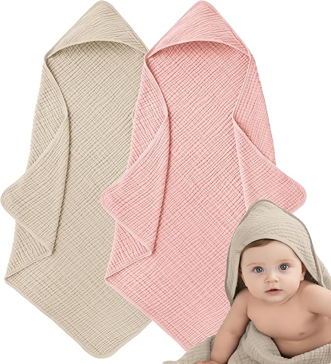 Muslin Hooded Baby Towels for Newborns, 32"x32", 100% Cotton ??6 Layers Super Soft Absorbent Breathable, Baby Bath Towel, Toddler Bath Towel ??Pack of 2
