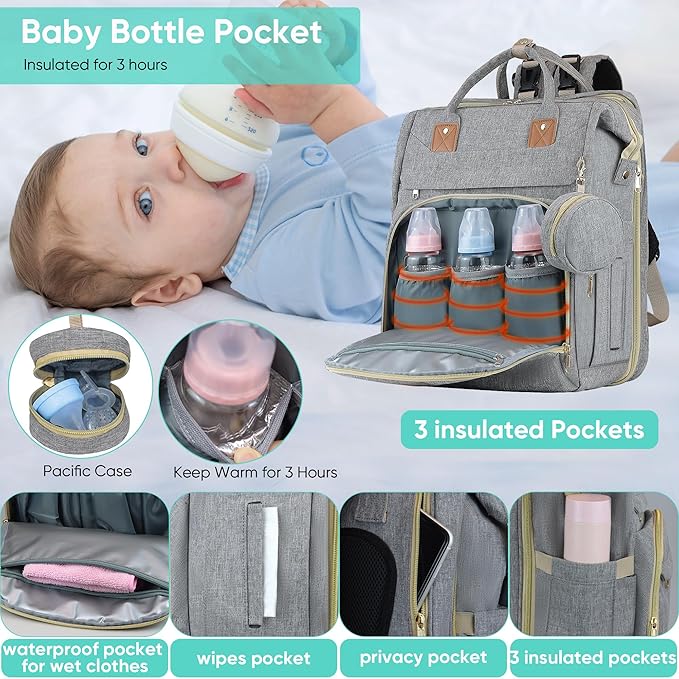 ZRSUN Baby Diaper Bag Backpack,Baby Shower Gifts, Multifunctional Travel Diaper Bag, Gifts for Mom with Portable Diaper Pad (Grey)