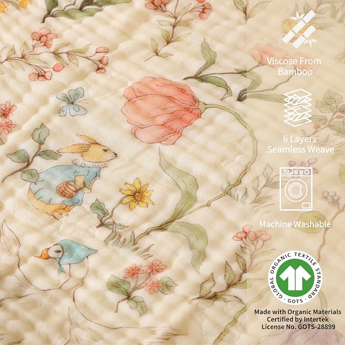 6-Layer Muslin Baby Blanket Made with Organic Cotton - Enchanting Woodland Garden,Swaddle & Crib Quilt, 43" x 43",Garden(Gender Neutral) (Pack of 2)