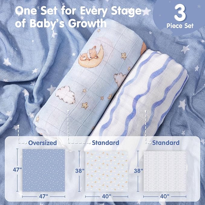 hahaland Muslin Swaddle Blankets Bamboo - 3-Pack, 1 Large (47" x 47") & 2 Standard (38" x 40") - Breathable Silky Soft Receiving Blankets Swaddles for Newborns Baby Boy Gifts Newborn Essentials, Blue