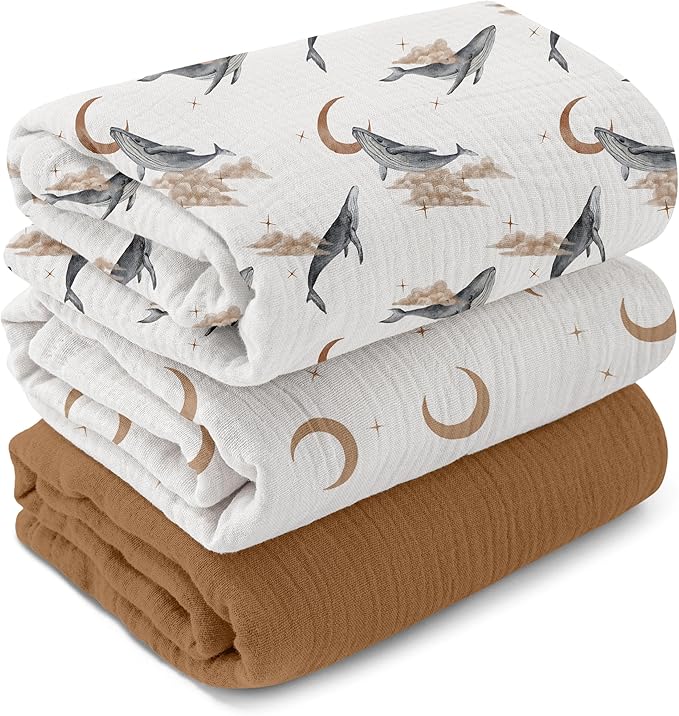 GLLQUEN BABY Muslin Swaddle Blankets,3-Pack Receiving Blankets for Newborn Boys and Girls,Baby Swaddle Blanket Unisex,Whale & Moon,Baby Essentials, Registry & Gift, 40 x 38 inches