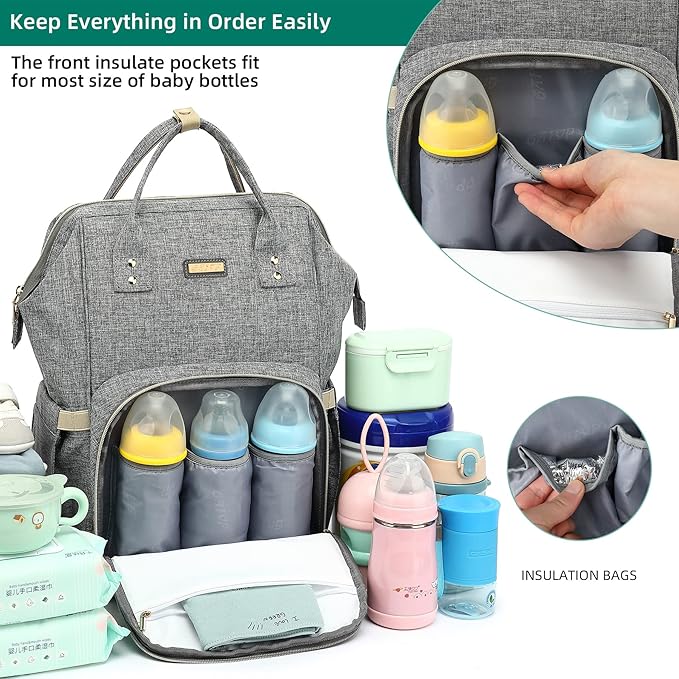 Diaper Bag Backpack, Diaper Bags for Baby Girls Boys, Baby Bags for Moms Dads, Nappy Changing Bag with Insulated Pockets,Multi-functional Waterproof Backpack with Stroller straps - Grey